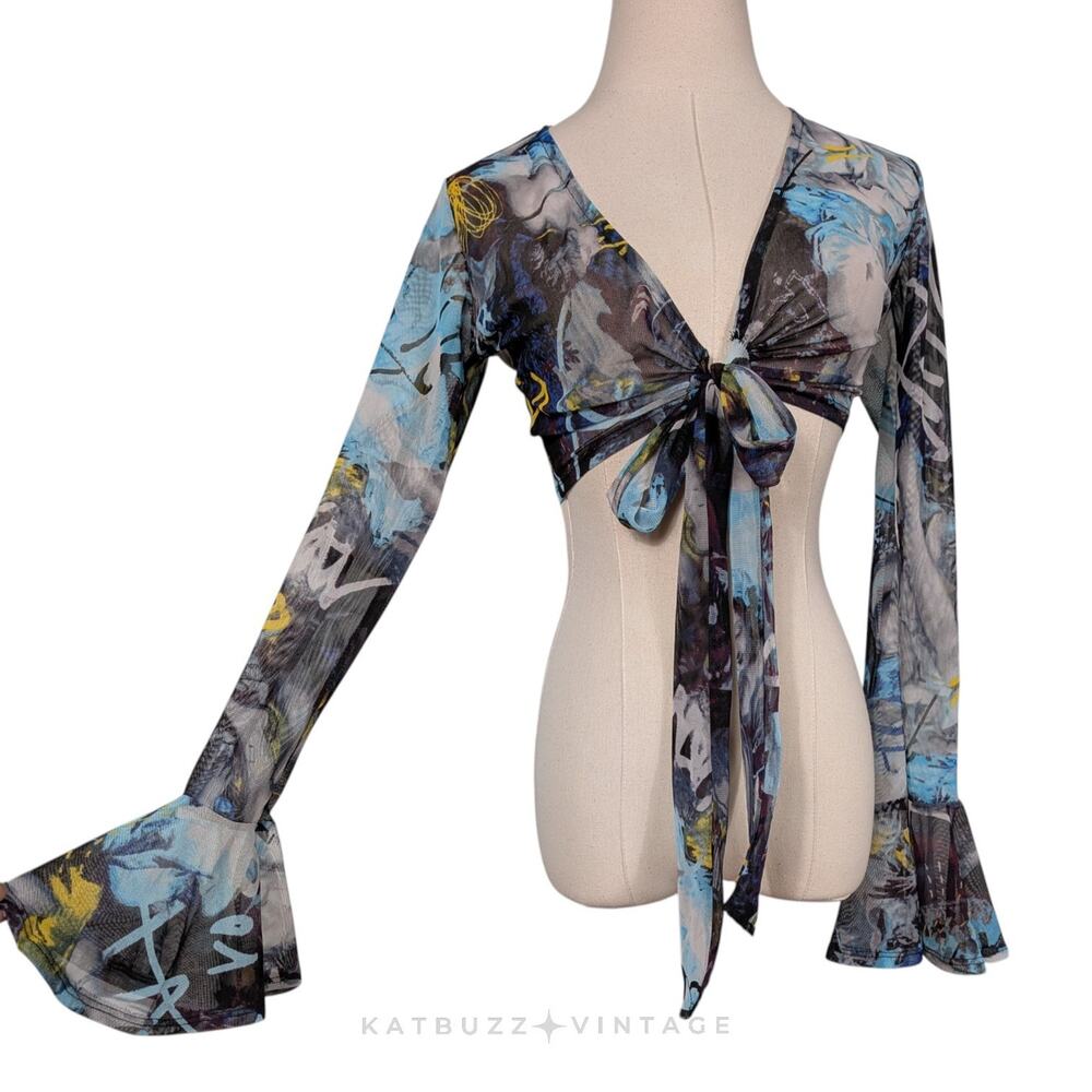 Y2K Mesh Shrug Top S Blue Back Crop Fairy Whimsigoth Tie Cardigan Floral Euro - Picture 1 of 11